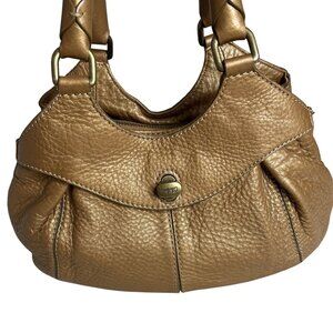 Cole Haan Gold Pebbled Leather Handbag With Double Handles & Zip Closure
